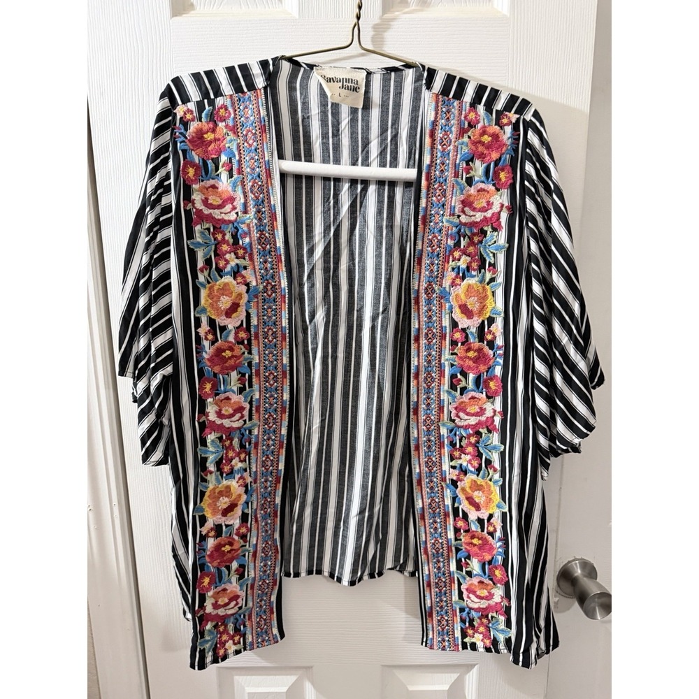 Savanna Jane Tribal Floral Embroidered Black Stripe Topper Kimono Size Large